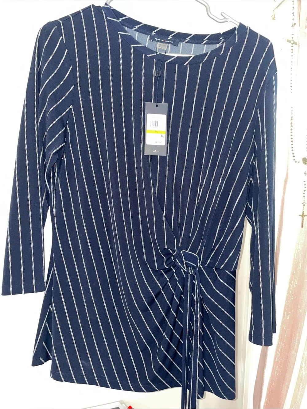 Tommy Hilfiger Navy Blue White Pinstripe Crewneck Top